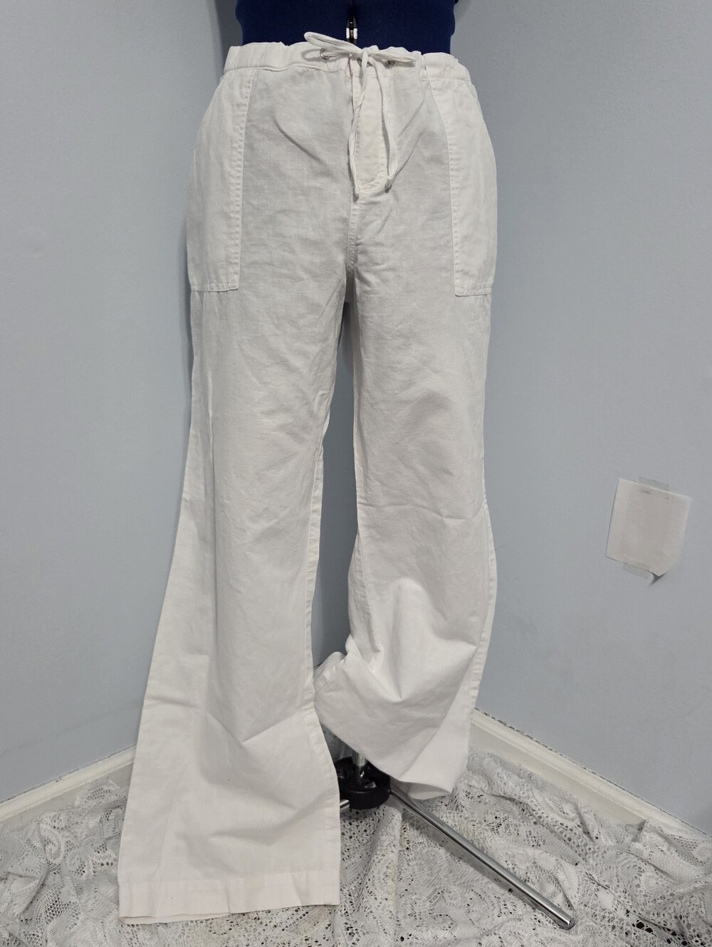White Linen Cotton Wide Leg Pants Size L